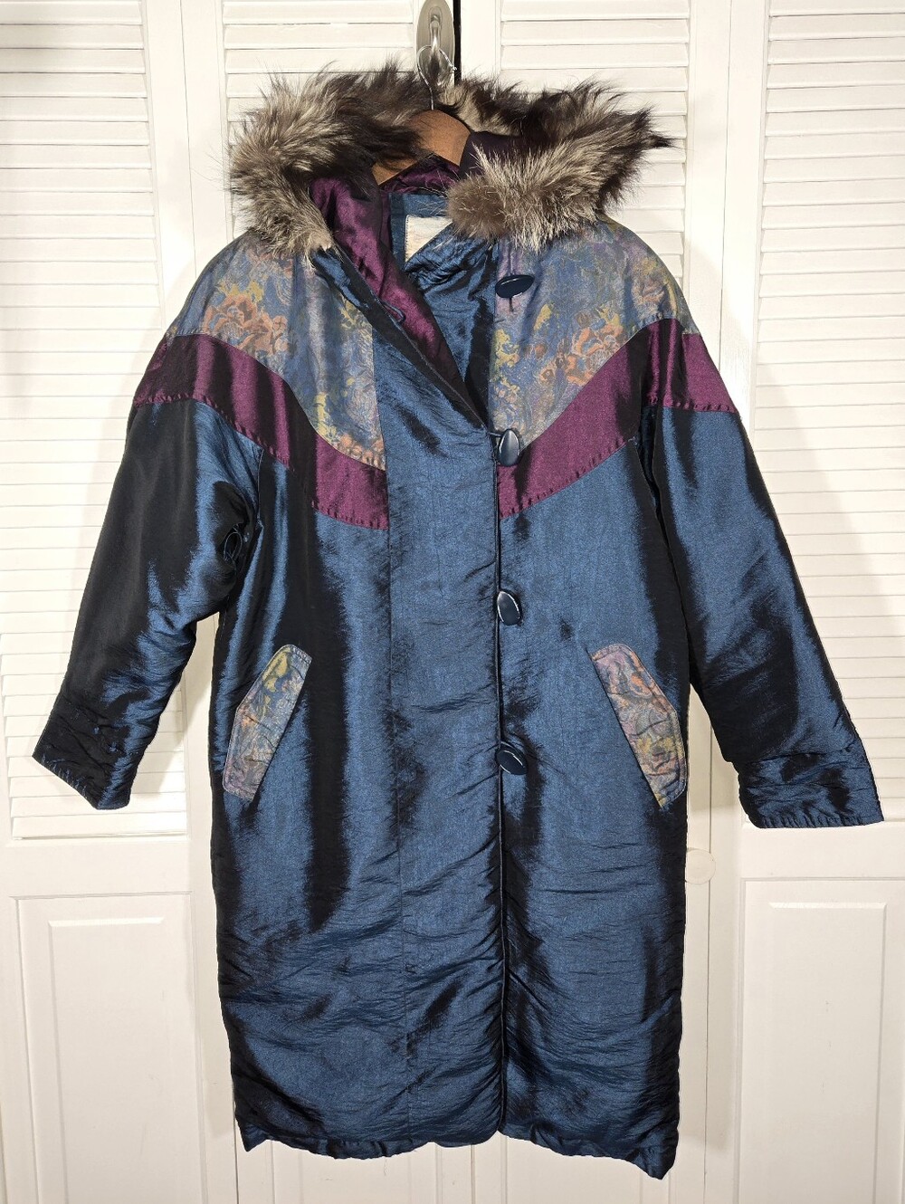 Cyclone Vintage 80s Long Puffer Iridescent Floral Colorblock Plush Hood Jacket 6